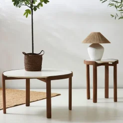 Fabrique de Styles Table Basses>Table basse rond en manguier et marbre naturel et blanc d80cm - Agate Naturel, Blanc