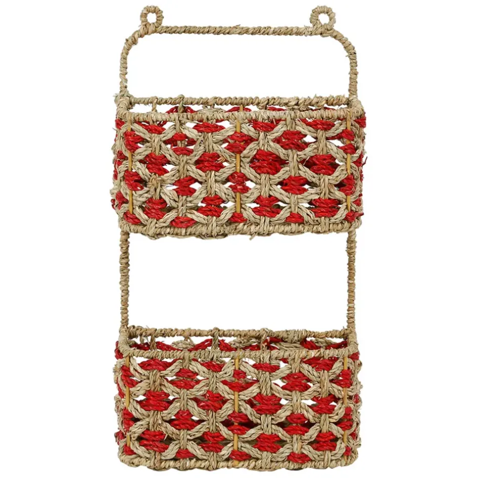 Fabrique de Styles Étagères Murales>Étagère murale 2 paniers en jonc de mer naturel et rouge Naturel, Rouge