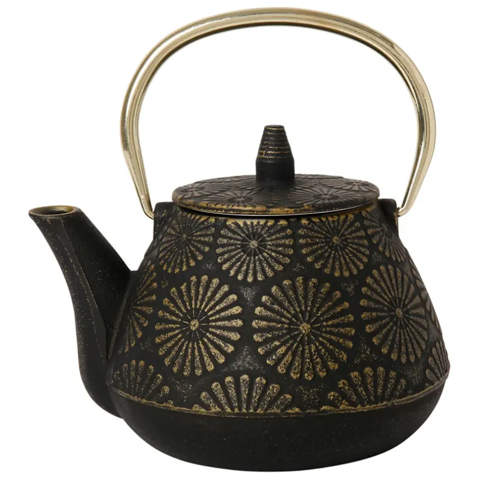 Fabrique de Styles Théières Et Cafetières>Théière en fonte noir et doré - Lotus Noir, Doré