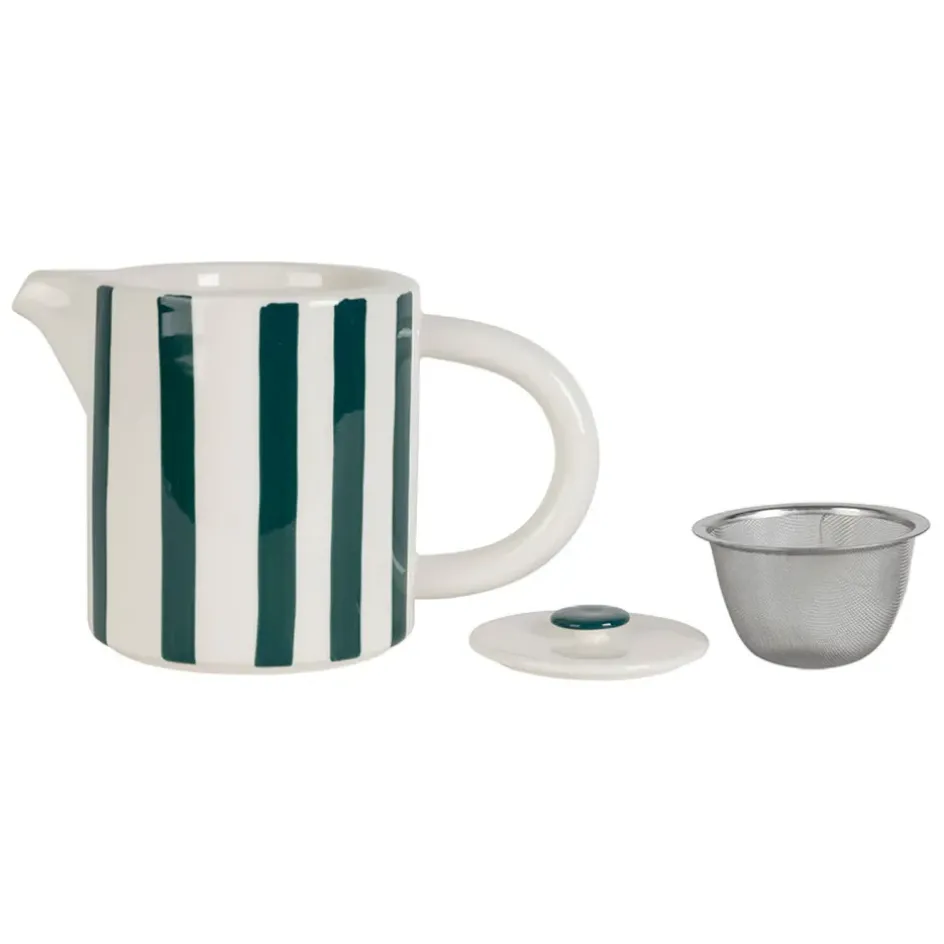 Fabrique de Styles Théières Et Cafetières>Théière rayée en grès émeraude et blanc avec filtre 1l - Alaria Emeraude