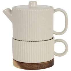 Fabrique de Styles Théières Et Cafetières>Théière solitaire avec tasse et filtre en grès écru 45cl - Sweet Leaves Ecru