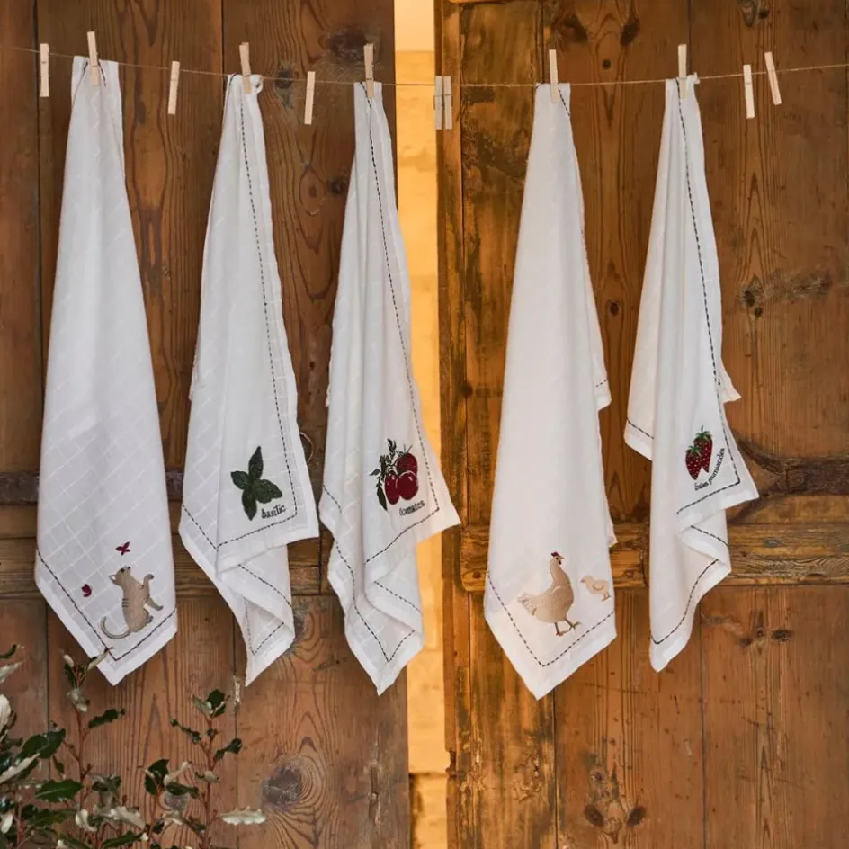 Fabrique de Styles Torchons, Tabliers Et Maniques>Torchon en coton blanc avec chat 70x50cm - A La Ferme Gris