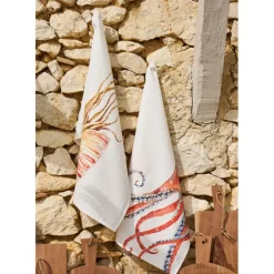 Fabrique de Styles Torchons, Tabliers Et Maniques>Torchon en coton (x3) faune marine blanc et 50x70cm Corail